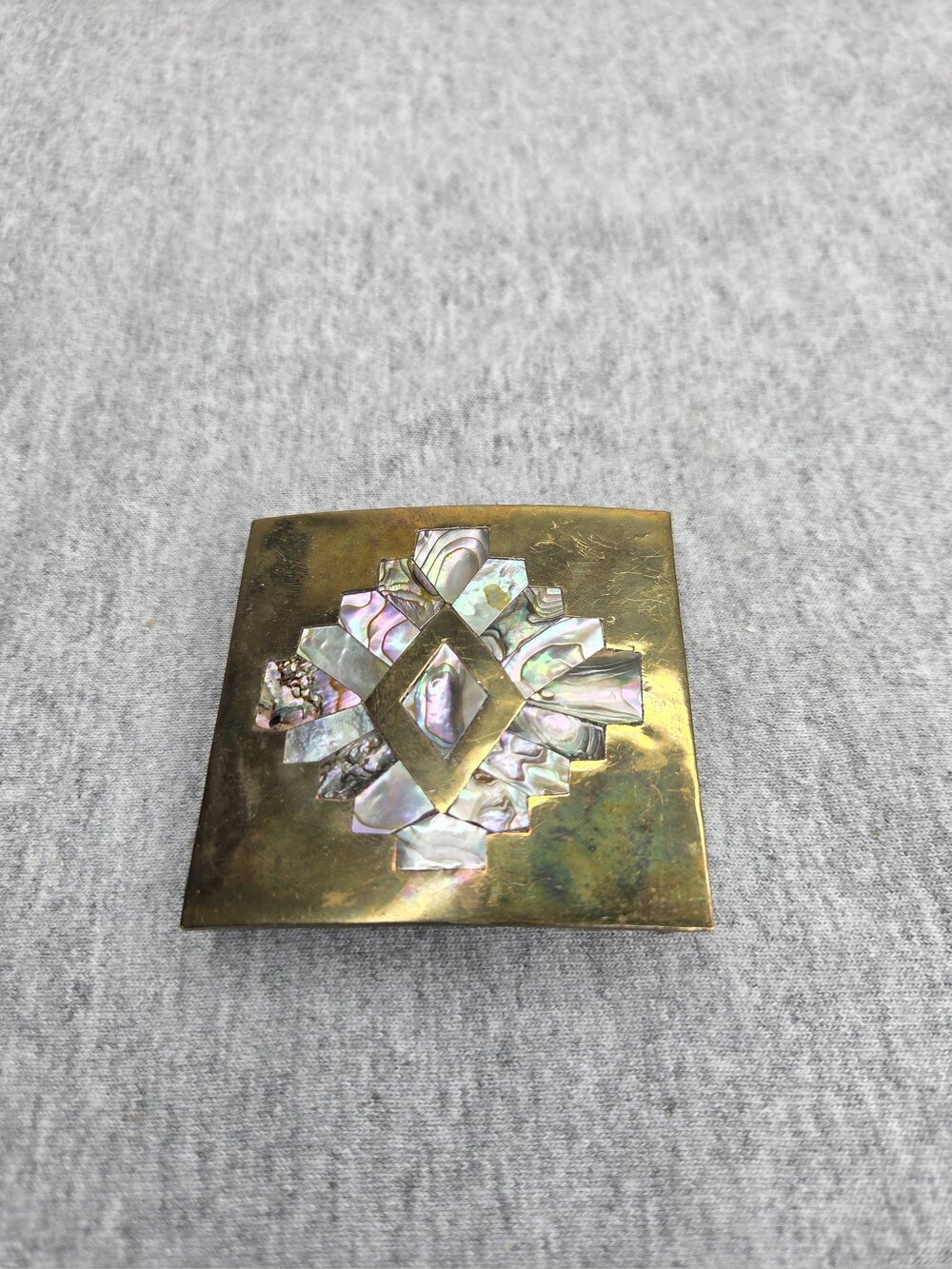 Vintage Abalone Shell Belt Buckle Solid Brass Diamond Inlay Handmade Mexico